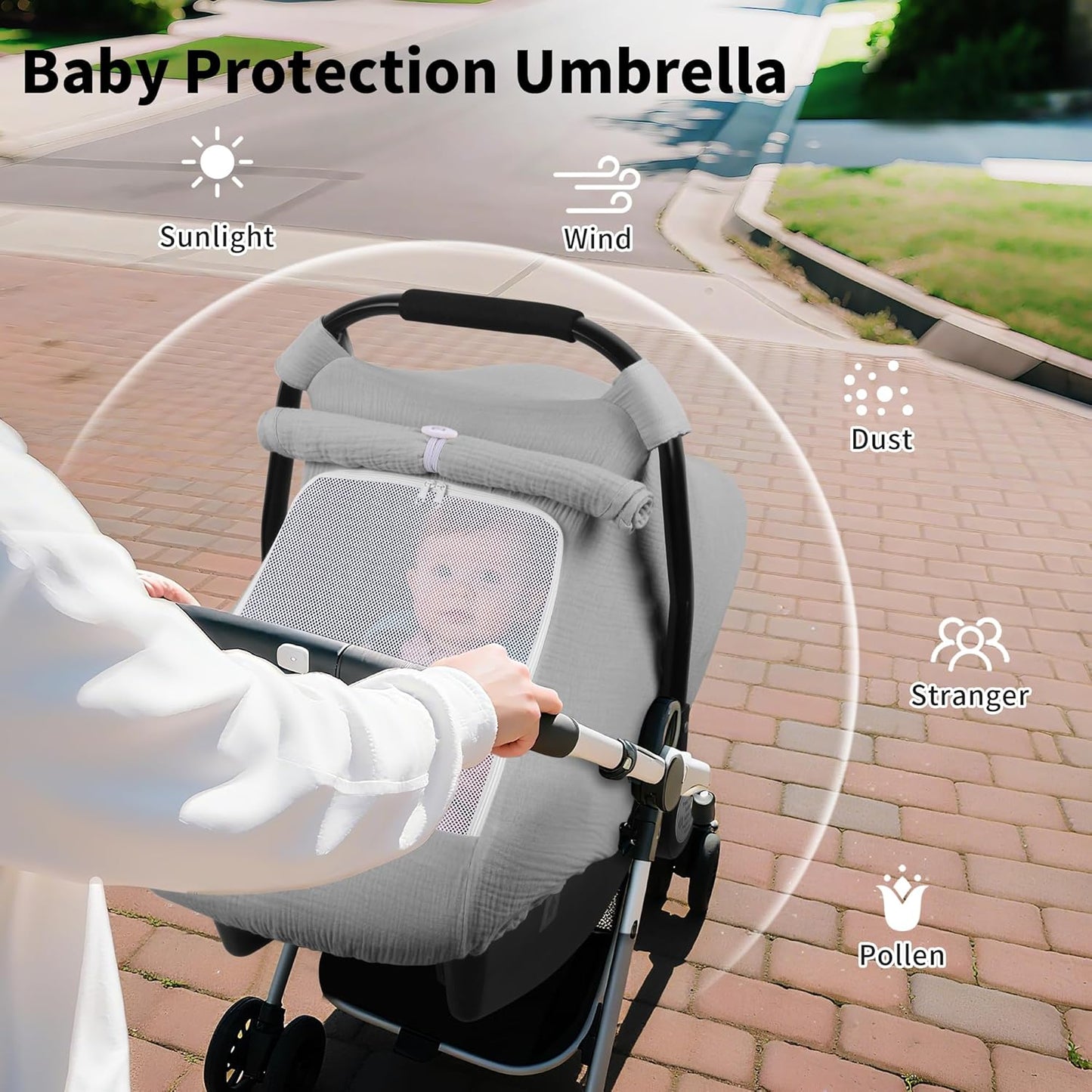Rquite Car Seat Cover Baby, Carseat Covers Girl Boy, Breathable Muslin Cotton, Large Mesh Window, Infant Car Seat Canopy Baby Carrier Cover Stroller Sun Shade for Summer & Hot Day