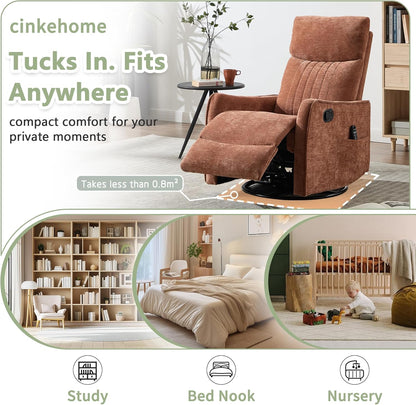 cinkehome Swivel Rocker Recliner, Glider Rocker Recliner Chair for Nursery, Manual Reclining Chair with Heated Massage, Small Spaces, Living Room, Khaki Chenille