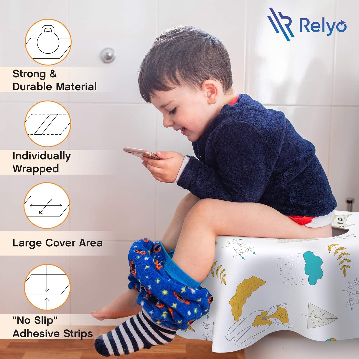 Relyo Disposable Toilet Seat Cover for Travel – 20 Pack with Covers Wrapped in Sets of 2, Non-Flushable Liners, Fits Most Seats – Kids, Toddlers, Adults (Dinosaurs, 20)