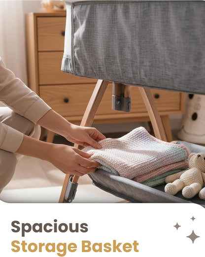 Earth&ME Baby Bassinet Bedside Sleeper with Rocking - All Mesh Portable Bedside Crib for Safe Co-Sleeping, Storage Basket and Wheels, Adjustable Height, Includes Travel Bag, Mosquito Net (Whate, Grey)