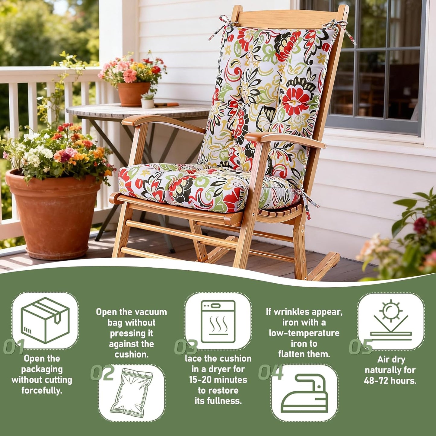 Rocking Chair Cushion with Ties Non-Slip Outdoor Rocking Chair Cushion Set Waterproof Fade-Resistant Porch Garden Patio Glider Rocker Cushions