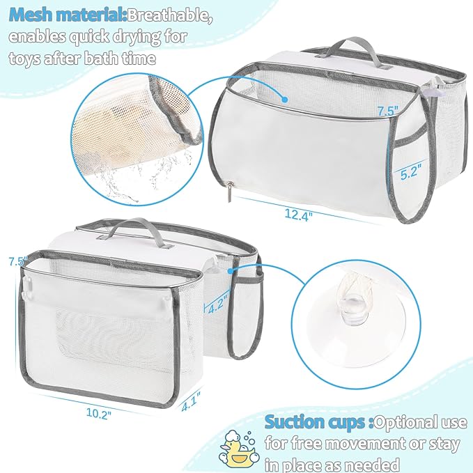 Saddle Shape Bath Toy Organizer, 2 Compartments Wide Opening Mesh Bath Tub Toy Storage for Easy Access to Toys, Side Pockets & Bottom Zipper Design, Quick Drying Toy Holder for Tub (Gray)
