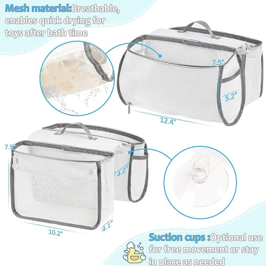 Saddle Shape Bath Toy Organizer, 2 Compartments Wide Opening Mesh Bath Tub Toy Storage for Easy Access to Toys, Side Pockets & Bottom Zipper Design, Quick Drying Toy Holder for Tub (Gray)