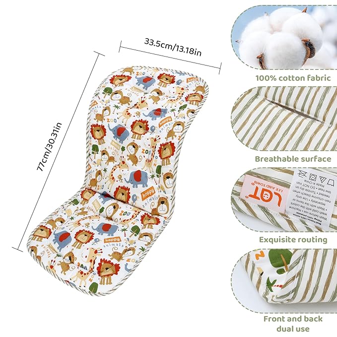 Baby Stroller Cushion,Infant Car Seat Insert-Reversible Universal Breathable and Soft Newborn seat Liner for Stroller,100% Cotton Seat Pad Liner for Newborns-34x78cm,1 Pack(Happy Zoo)