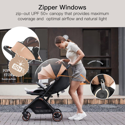 Gromast Gravity Folding Baby Stroller - Portable Travel Toddler Stroller w/Adjustable Backrest, Canopy & Cup Holder, Lightweight and UV Protected, One-Hand Automatic Folding - Green
