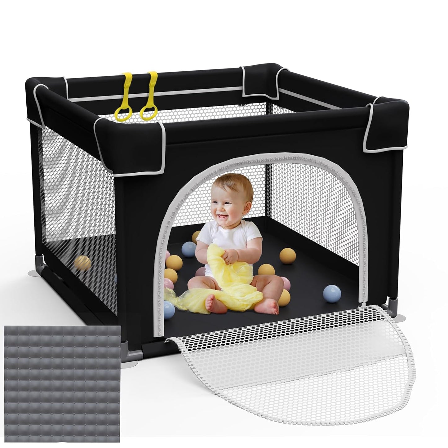 Grobeybees Playpen for Babies and Toddlers, Small Baby Playpen, Playard with Bag, Indoor & Outdoor Play Pen, Sturdy Safety Baby Play Yard with Soft Breathable Mesh(Black, 36x36 inches)
