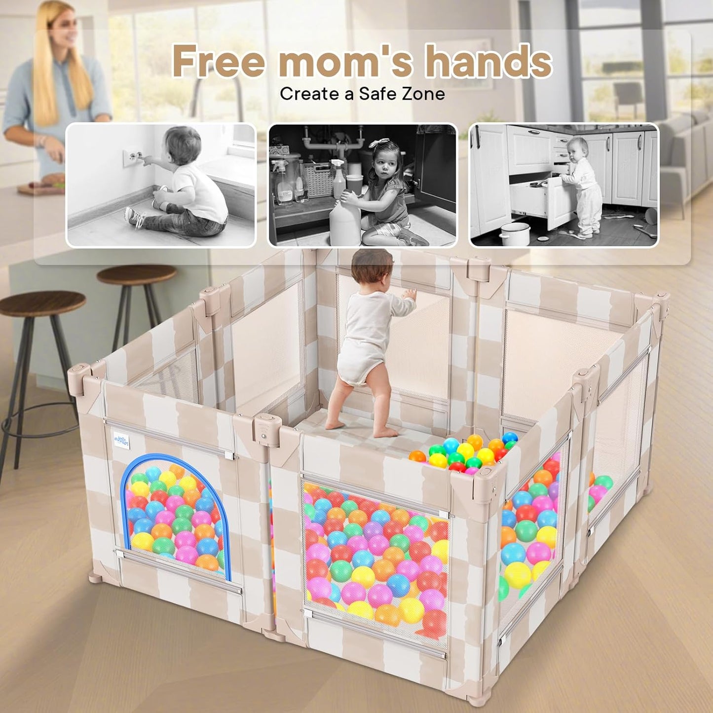 Baby Playpen for Babies and Toddlers, Upgraded 50x50 Inch Foldable No Assembly Required Play Yard with Breathable Mesh, Safe Playard with Gate, Indoor & Outdoor Infants Play Pen (1pc-Sand Checks)
