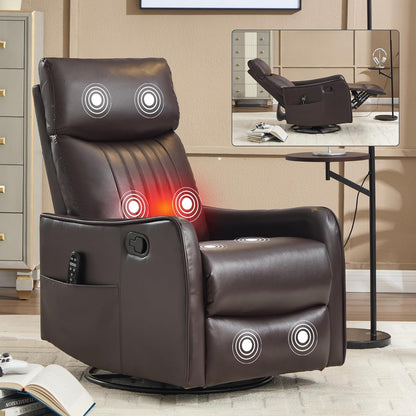 Swivel Rocker Recliner Chair for Adults, Nursery Rocking Chair with Heat and Massage, Glider Reclining Chair for Small Space Living Room Bedroom, Faux Leather Black