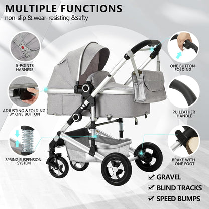 Kinder King 2 in 1 Convertible Baby Stroller, Folding High Landscape Infant Carriage, Newborn Reversible Pram, Adjustable Canopy, Diaper Bag, Pink
