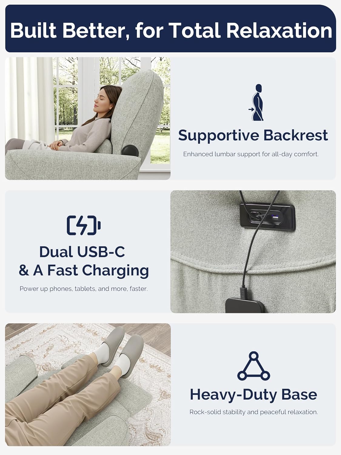 KINGYES Power Recliner Chair, 270° Swivel Glider, Living Room Recliner with USB-C Port, Nursery Rocking Chair, Gray