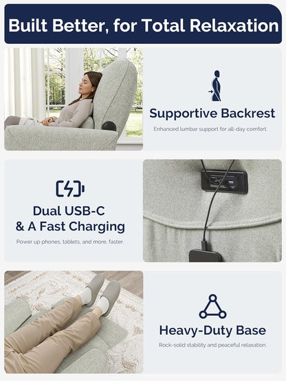 KINGYES Power Recliner Chair, 270° Swivel Glider, Living Room Recliner with USB-C Port, Nursery Rocking Chair, Gray