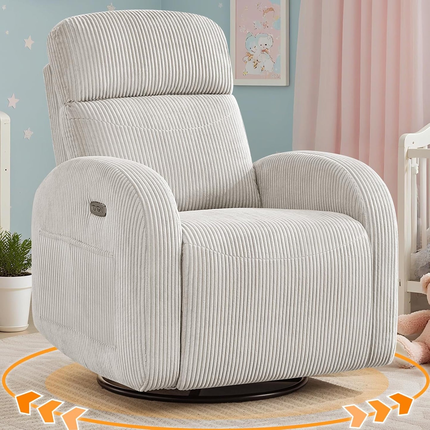 Swivel Rocker Recliner Chair, Rocking Recliner for Nursery with Side Pockets, Manual Swivel Reclining Nursery Glider Chair for Breastfeeding Living Room, Camel Chenille
