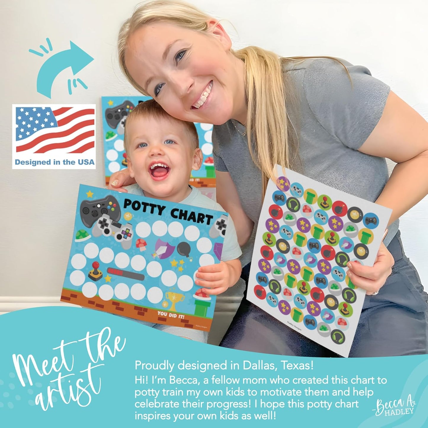 Hadley Designs Potty Training Chart for Toddlers Boys -10 Sticker Potty Chart for Toddlers Boys, 8.5x11" Potty Training Sticker Charts for Toilet Success, Monster Truck Toddler Reward Chart for Kids