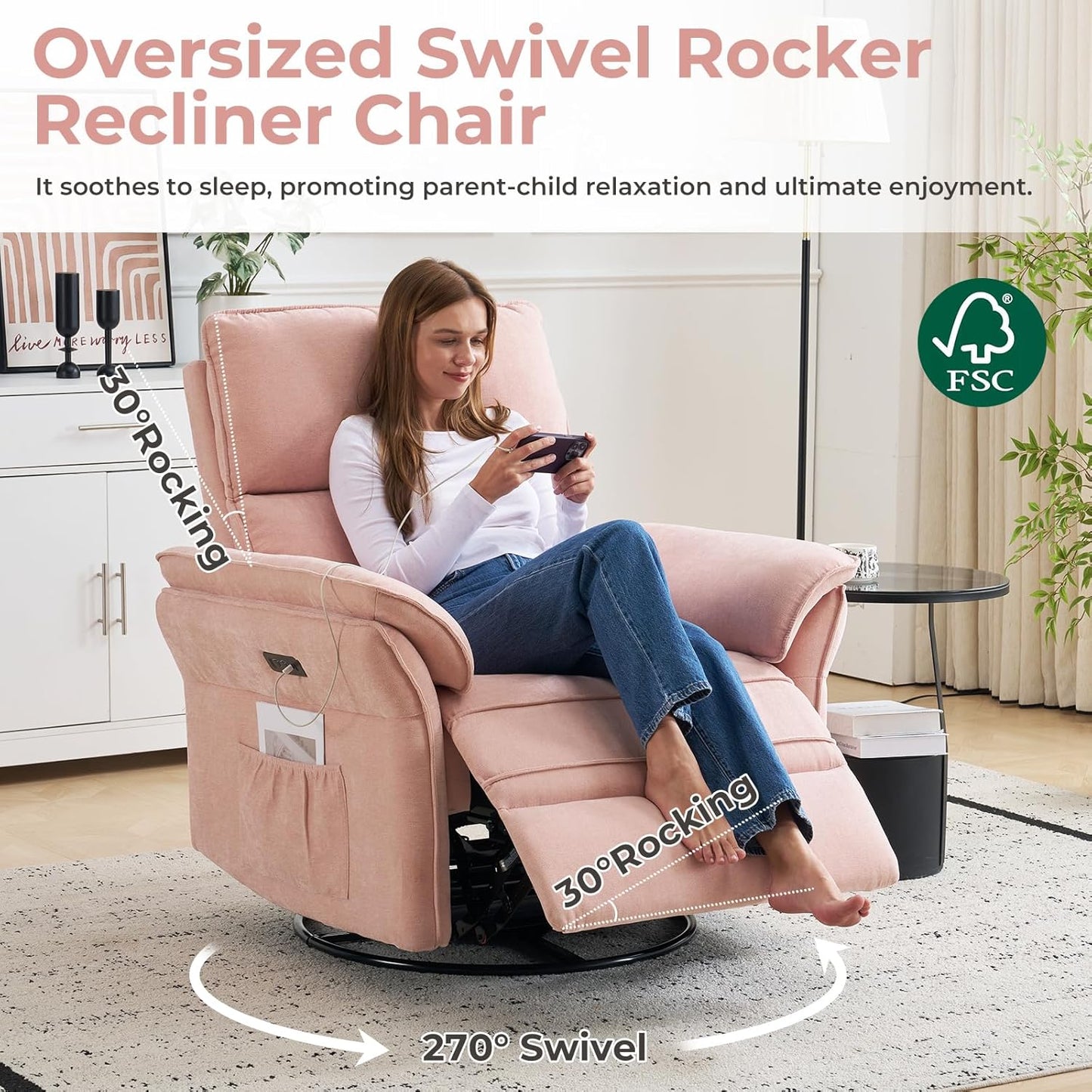 Oversized Glider Rocker Recliner, 26" Extra Wide 360° Swivel Nursery Recliner with Adjustable Headrest, Chenille Rocking Nursery Chair with Overstuffed Armrest, Lumbar Support, Light Grey