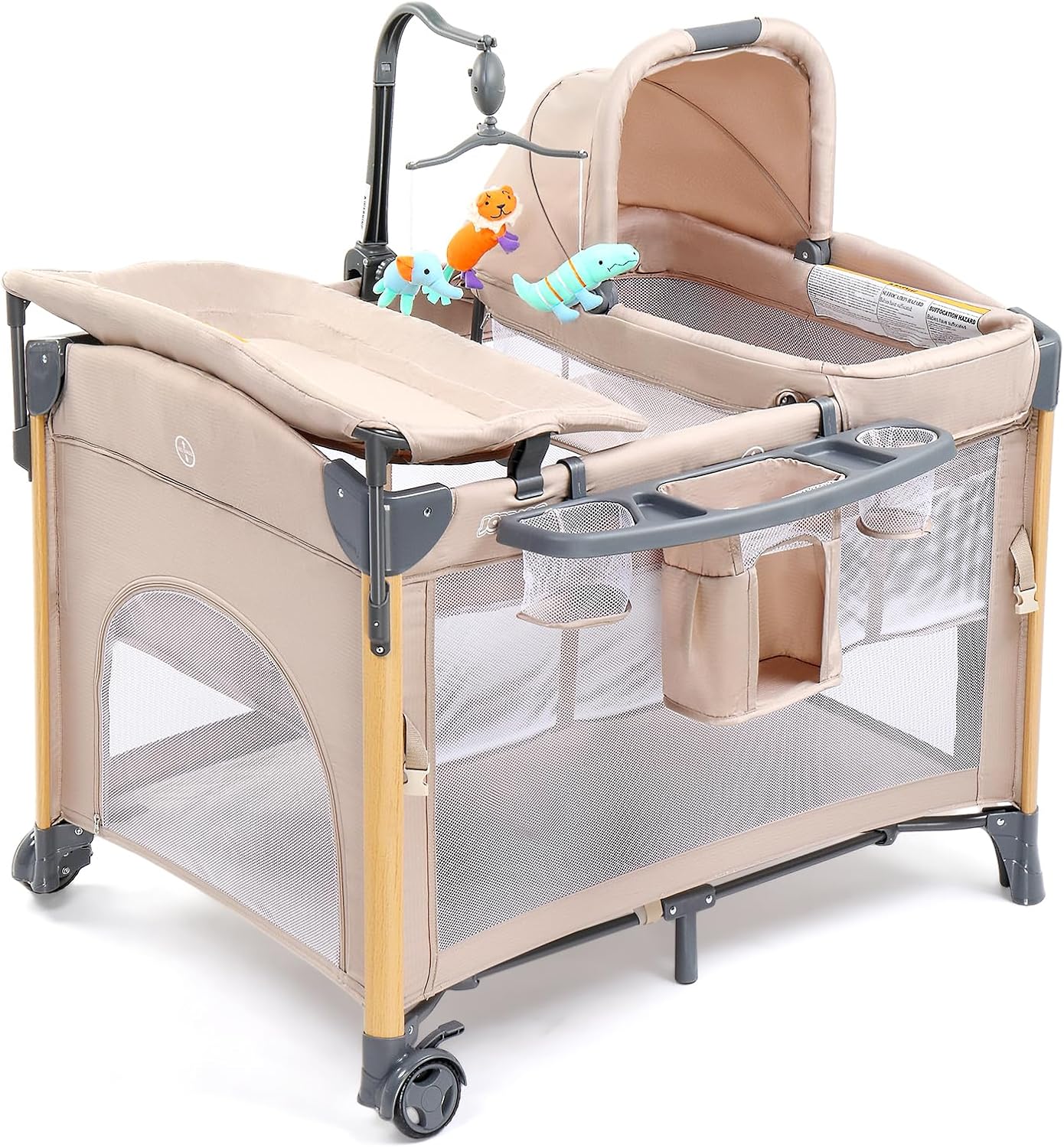 JOYMOR 7 in 1 Bedside Bassinet with Changing Table, All in One Nursery Center, Bedside Sleeper with Mattress, Sheet, Canopy, Storage Shelf,Gray