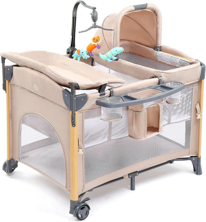 JOYMOR 7 in 1 Bedside Bassinet with Changing Table, All in One Nursery Center, Bedside Sleeper with Mattress, Sheet, Canopy, Storage Shelf,Gray