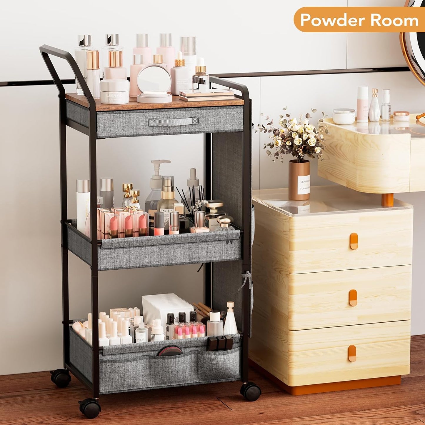 BBLIKE 3-Tier Diaper Caddy Organizer - Rolling Utility Baby Cart with Drawer and Side Pockets for Nursery and Baby Essentials, Multi-Function Cart for Bedroom and Bathroom, White