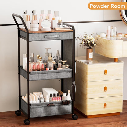 BBLIKE 3-Tier Diaper Caddy Organizer - Rolling Utility Baby Cart with Drawer and Side Pockets for Nursery and Baby Essentials, Multi-Function Cart for Bedroom and Bathroom, White