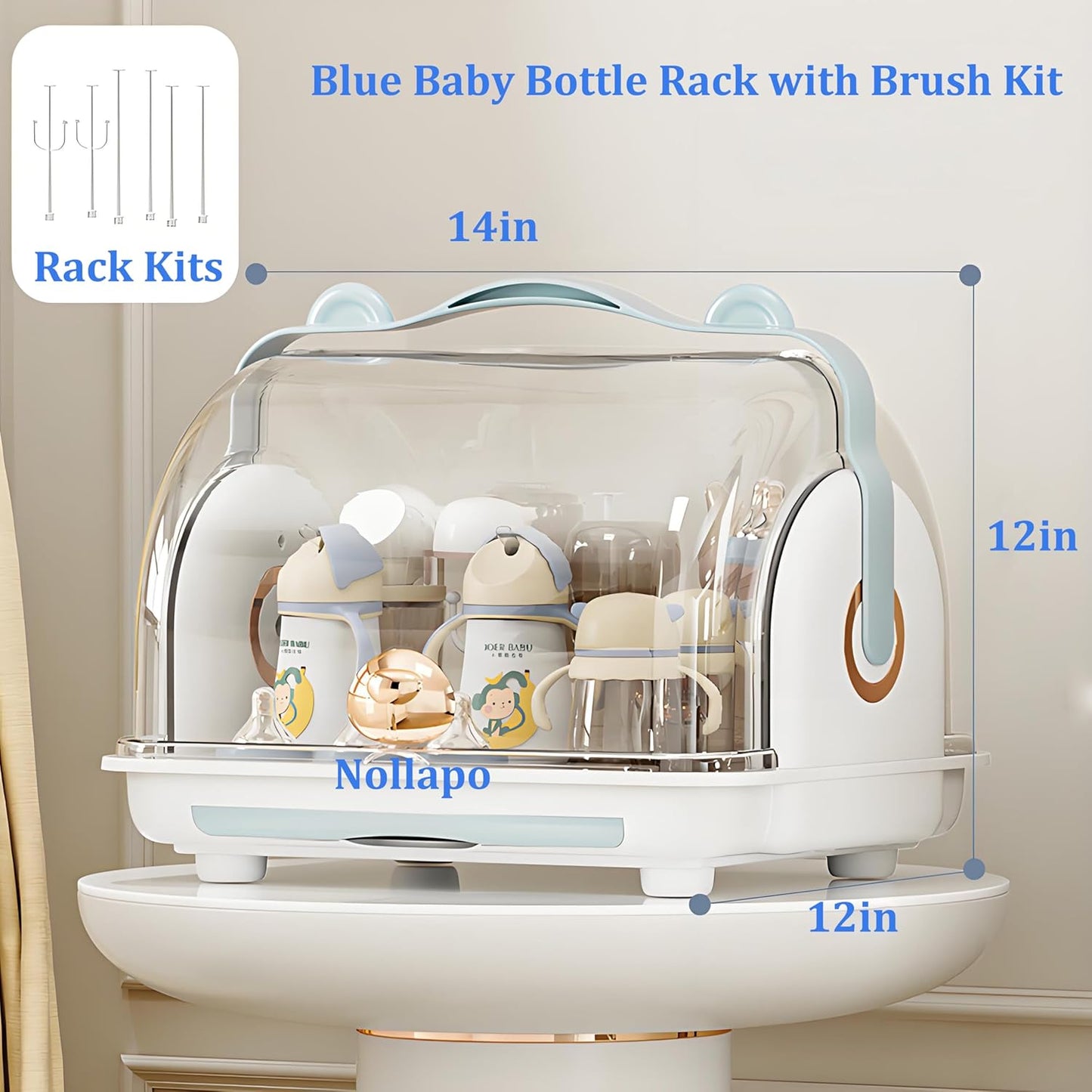Baby Bottle Drying Rack Storage with 3 Brush, Nursing Bottle Storage Box Organizer with Cover, Portable Kitchen Cabinet Organizer, Durable countertop Dryer (Orange)