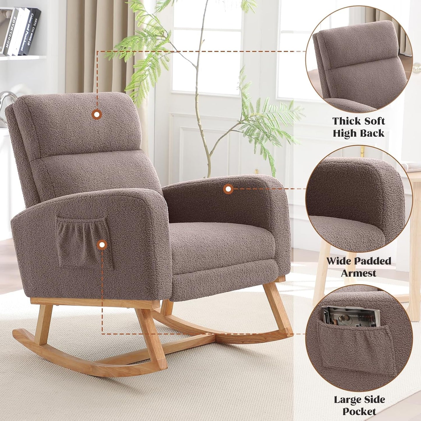 HCHAIRH Rocking Chair Nursery, Nursing Rocking Chairs with Foot Rest for Mom Nursery, Glider Rocker Chair with Footrest and High Backrest for Living Room, Bedroom, Beige