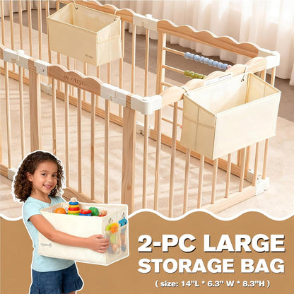 M MEEPO Foldable Baby Playpen, 57 x 57 x 25 in, Adjustable Shape & Size Wooden Baby Playpen with 2-Pack Storage Bags, Nature Pine Wood Play Yard for Infant, Toddler, Safety Lock Door, Build in Toys