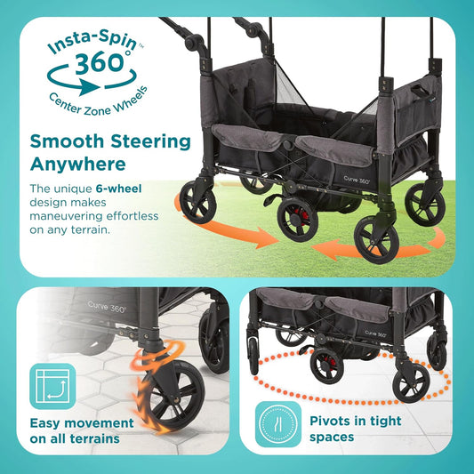 Contours Curve 360 Lightweight Double Baby Stroller Wagon for 2 Kids, Fits Infant Car Seats, Ultra Maneuverable, Easy in and Out for Toddlers with Deep Footwell, Storage Pockets and Adjustable Handle