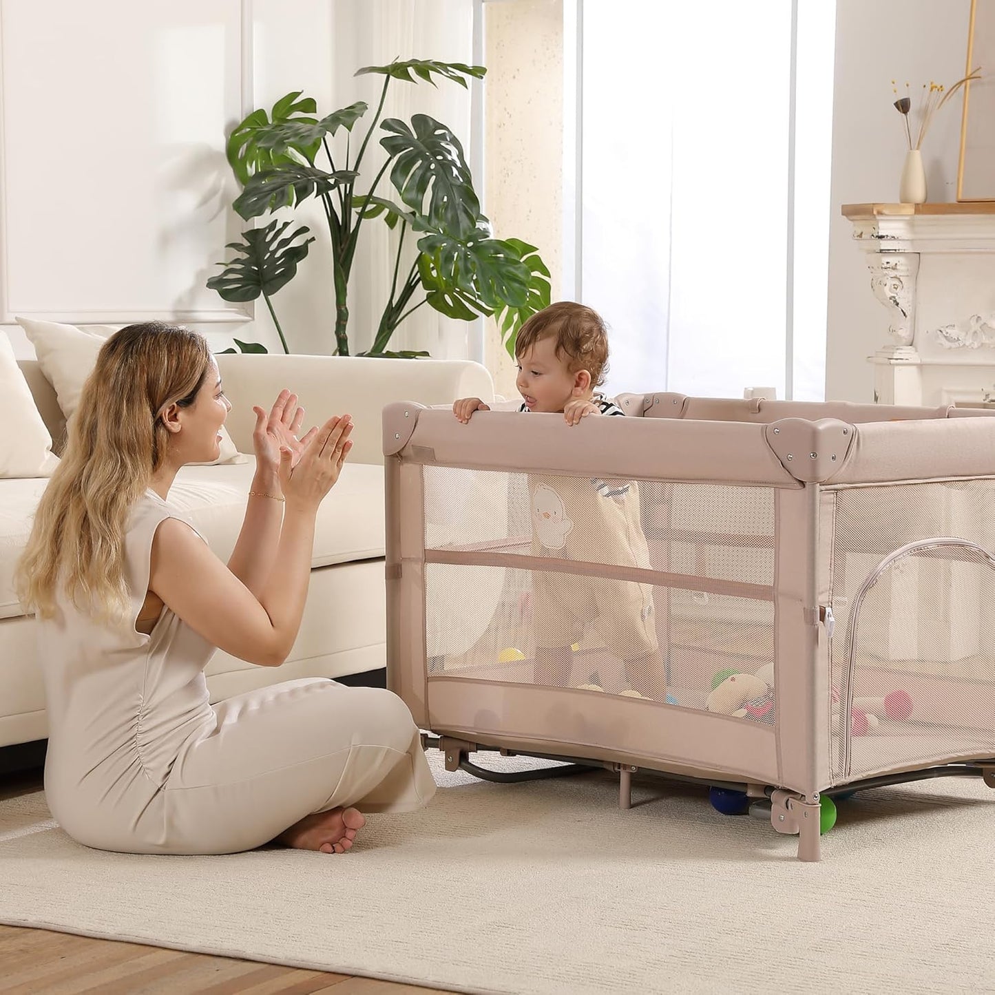 4 in 1 Pack and Play, Portable Travel Baby Bassinet, Foldable Travel Playard Playpen for Toddler, Bedside Crib Sleeper, Diaper Changer Table, Baby Playard for Newborn (Black)