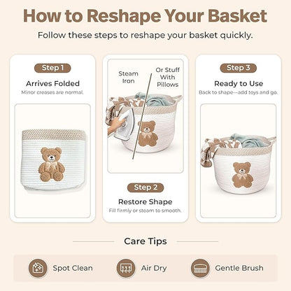 Teddy Bear Storage Basket for Nursery – Large 15"x11" Cotton Rope Bin with Soft Embroidered Bear Patch – Gender Neutral Toy Organizer, Baby Laundry Hamper, Blanket & Diaper Holder
