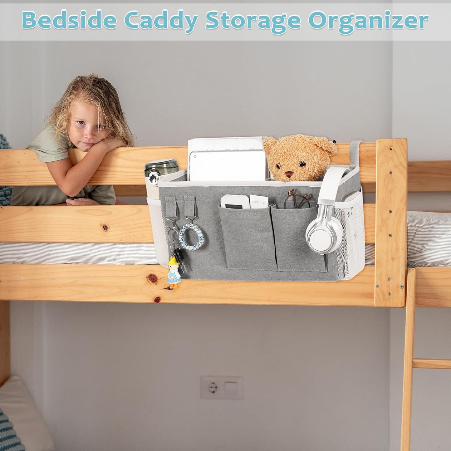Loghot Bedside Caddy/Bedside Storage Bag Hanging Organizer for Bunk and Hospital Beds,Dorm Rooms Bed Rails,Can be Placed Glasses,Books,Mobile Phones,Keys (White)