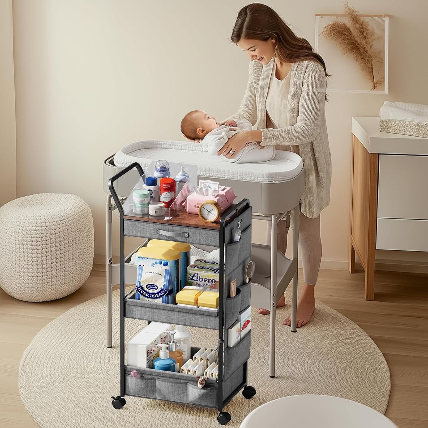 BBLIKE 3-Tier Diaper Caddy Organizer - Rolling Utility Baby Cart with Drawer and Side Pockets for Nursery and Baby Essentials, Multi-Function Cart for Bedroom and Bathroom, White