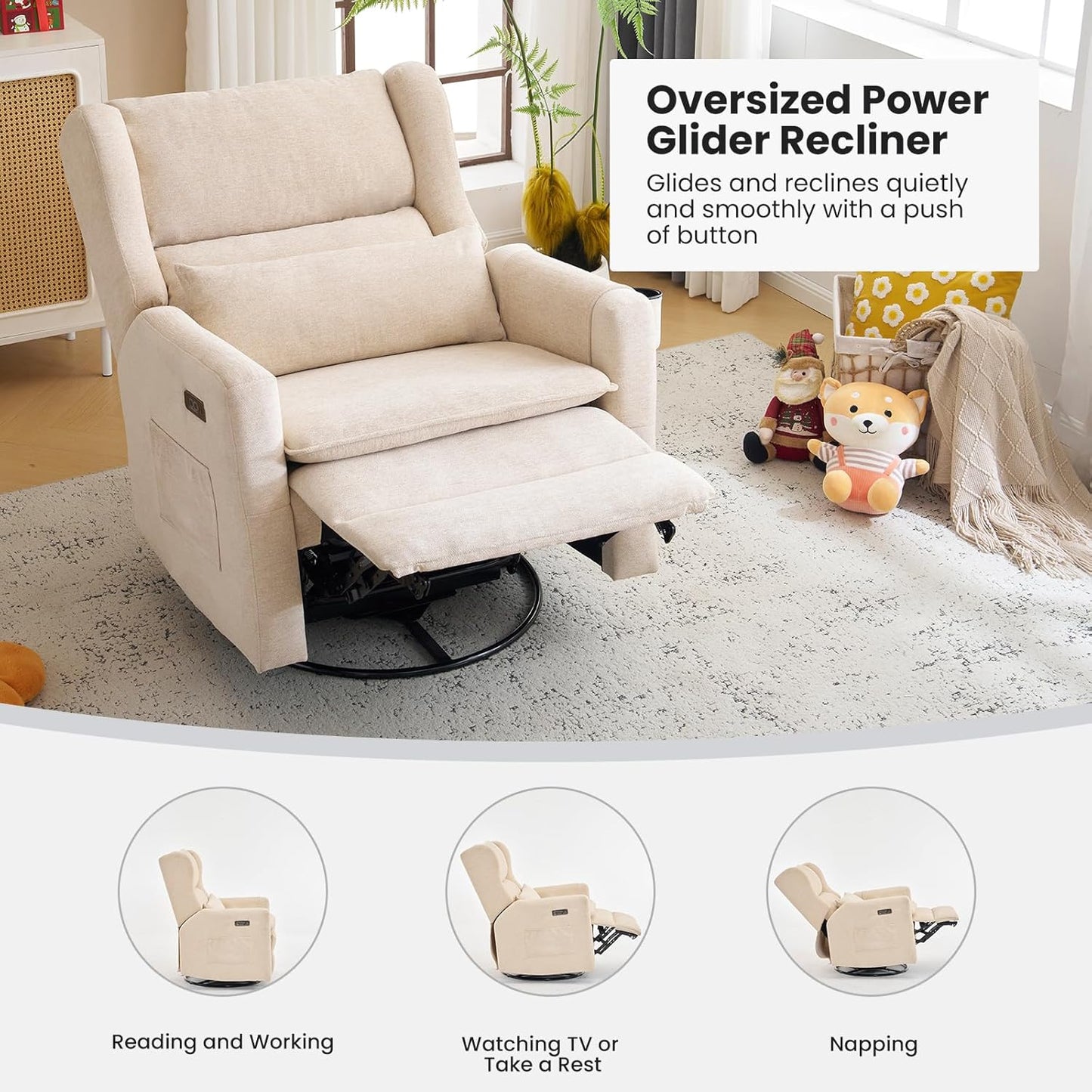 Power Recliner Chair Swivel Glider with Adjustable Headrest，Oversized Swivel Rocker Recliner with Lumbar Support, Upholstered Nursery Glider Recliner for Living Room,White