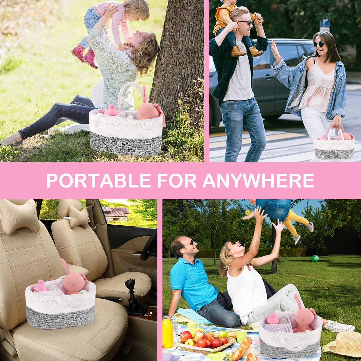 ABenkle Baby Diaper Caddy, Nursery Storage Bin and Car Organizer for Diapers and Baby Wipes, Cotton Rope Diaper Basket Caddy, Changing Table Diaper Storage Caddy