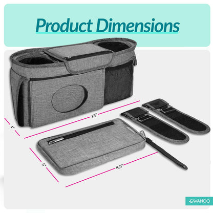 Swanoo Stroller Caddy Organizer With Cup Holder, Non Slip Straps Bag for Phone, Pet Stroller Accessories, Universal Fits Uppababby Vista v2 Wonderfold Wagon, Doona and More