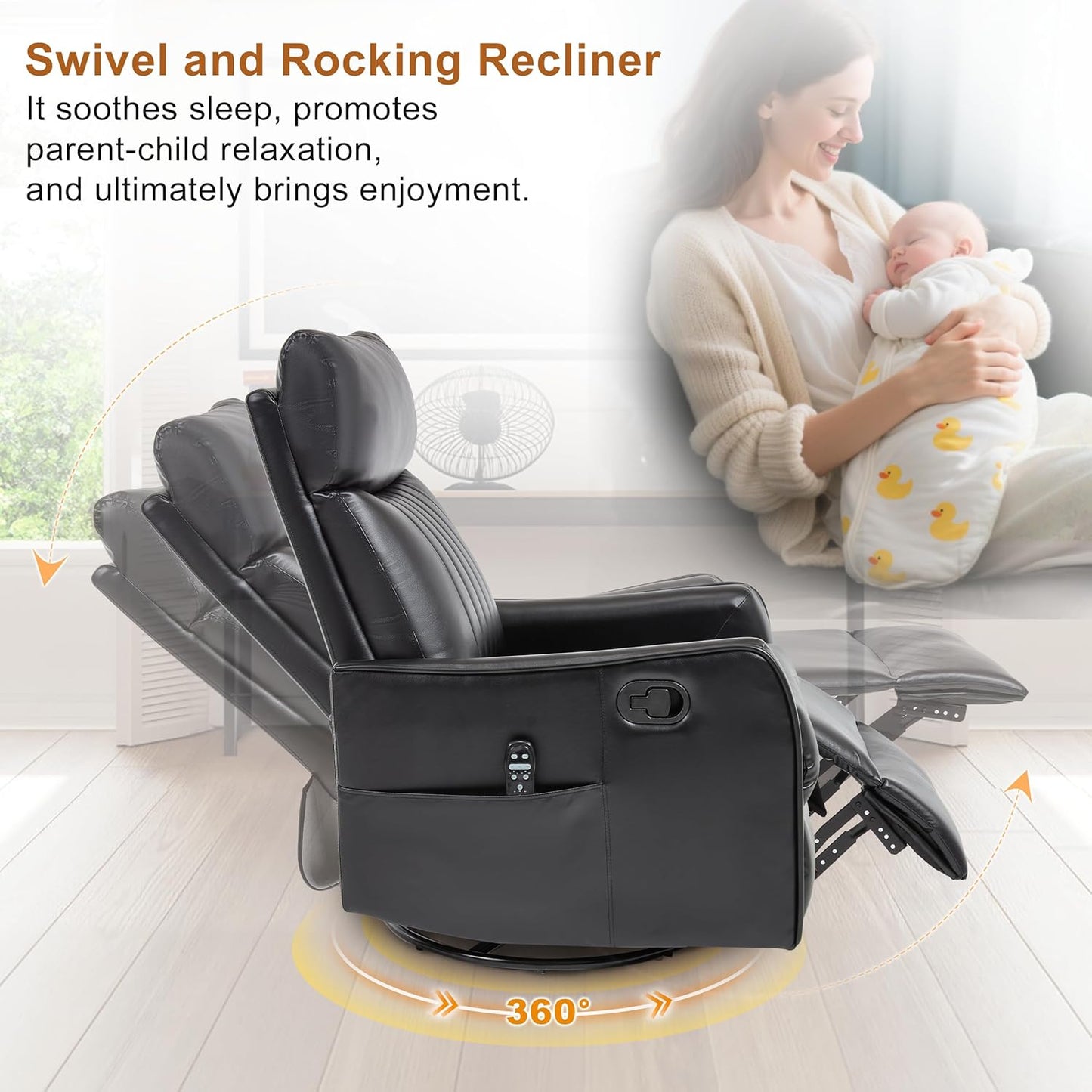Manual 360° Swivel Rocker Recliner Chair for Adults, Overstuffed Glider Chair for Nursery with Vibration Massage and Heat, Comfy Soft Fabric Glider with Side Pockets for Living Room, Beige