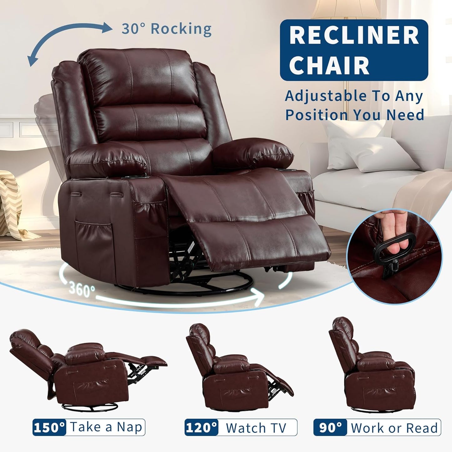Rocking Recliner Chair for Adults Wide 360° Swivel Rocker Recliner with Cup Holder Nursery Glider with Upholstered Deep Seat Linen Lazy boy Chair for Living Room Browm