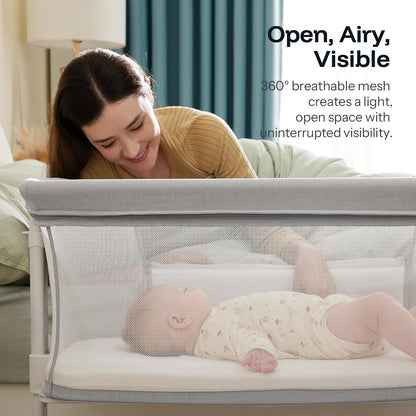 HARPPA Cuddly Lite Bassinet, 2 in 1 Baby Bassinet with Breathable Mesh and Mattress, 6 Height Adjustable, Bedside Sleeper with Anchor Strap, Storage Basket and Wheels, Light Grey