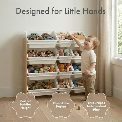 Humble Crew Kids Toy Storage Organizer with 12 Plastic Bins, Natural Wood/White – Removable Bins for Playroom, Bedroom, Toddler Furniture for Boys and Girls Ages