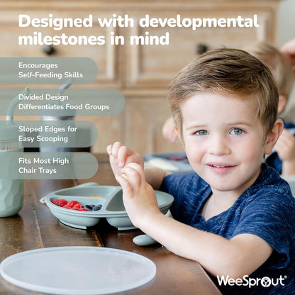 WeeSprout Silicone Divided Plates (No Lids), 100% Food Grade Silicone Plates for Toddlers & Kids, Dishwasher & Microwave Safe