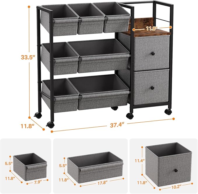 Modanais Kids Toy Organizers and Storage Bins - 7 Storage Bins + 2 Fabric Drawers + 1 Bookshelf, Playroom Storage, Mobile Cart Organizer for Toy, Clothes, Blankets and Books - Black
