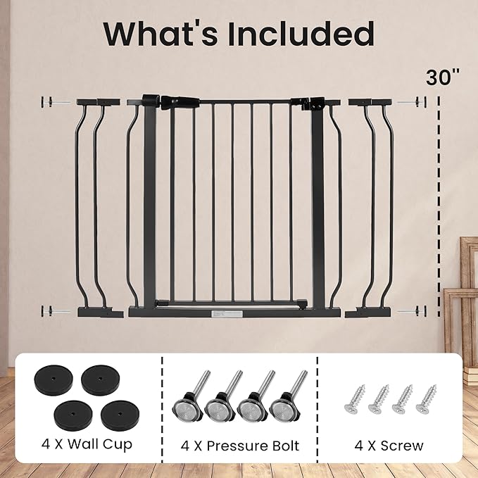 ELEVON Baby Gate for Stairs Doorways, Safety Pet Gate with Auto-Close/Hold-Open Features, Fits Openings 29.1” to 43.3”, 30” Tall, Easy Pressure Mounted Walk Through Baby Dog Gate, Graphite