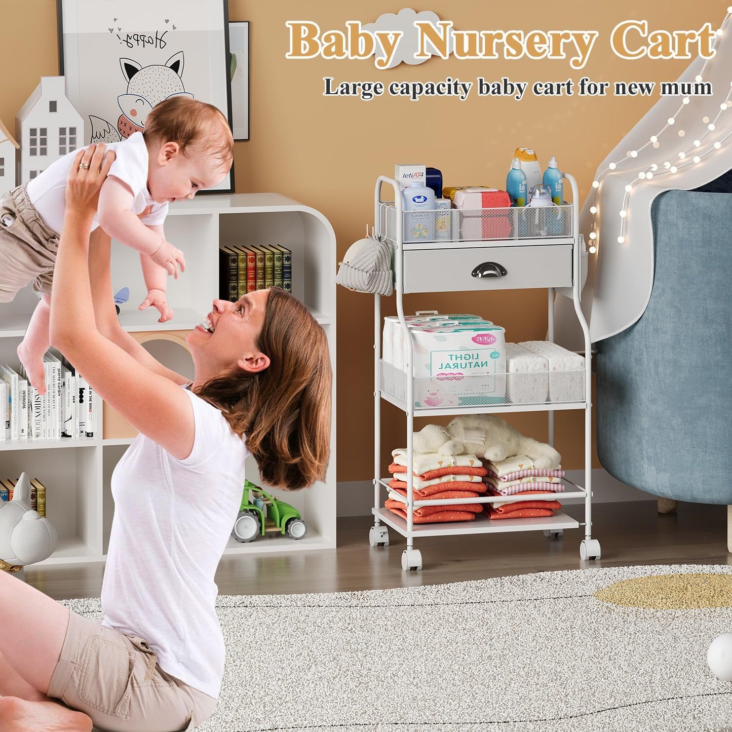 3-Tier Baby Diaper Caddy Cart Organizer,Mobile Nursery Storage Carts with Wheels,With 2 Dividers&14 Mesh Pockets Durable Metal Utility Cart for Nursery, Bedroom, Bathroom, Baby Essentials Organization