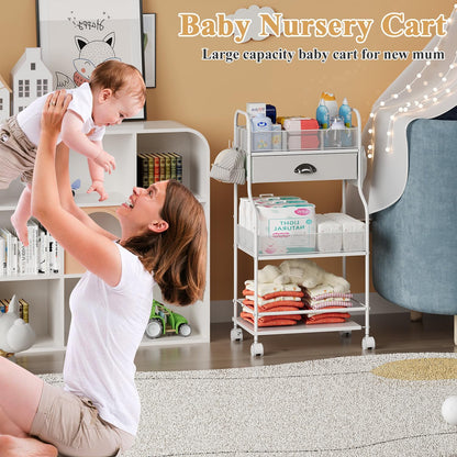 3-Tier Baby Diaper Caddy Cart Organizer,Mobile Nursery Storage Carts with Wheels,With 2 Dividers&14 Mesh Pockets Durable Metal Utility Cart for Nursery, Bedroom, Bathroom, Baby Essentials Organization