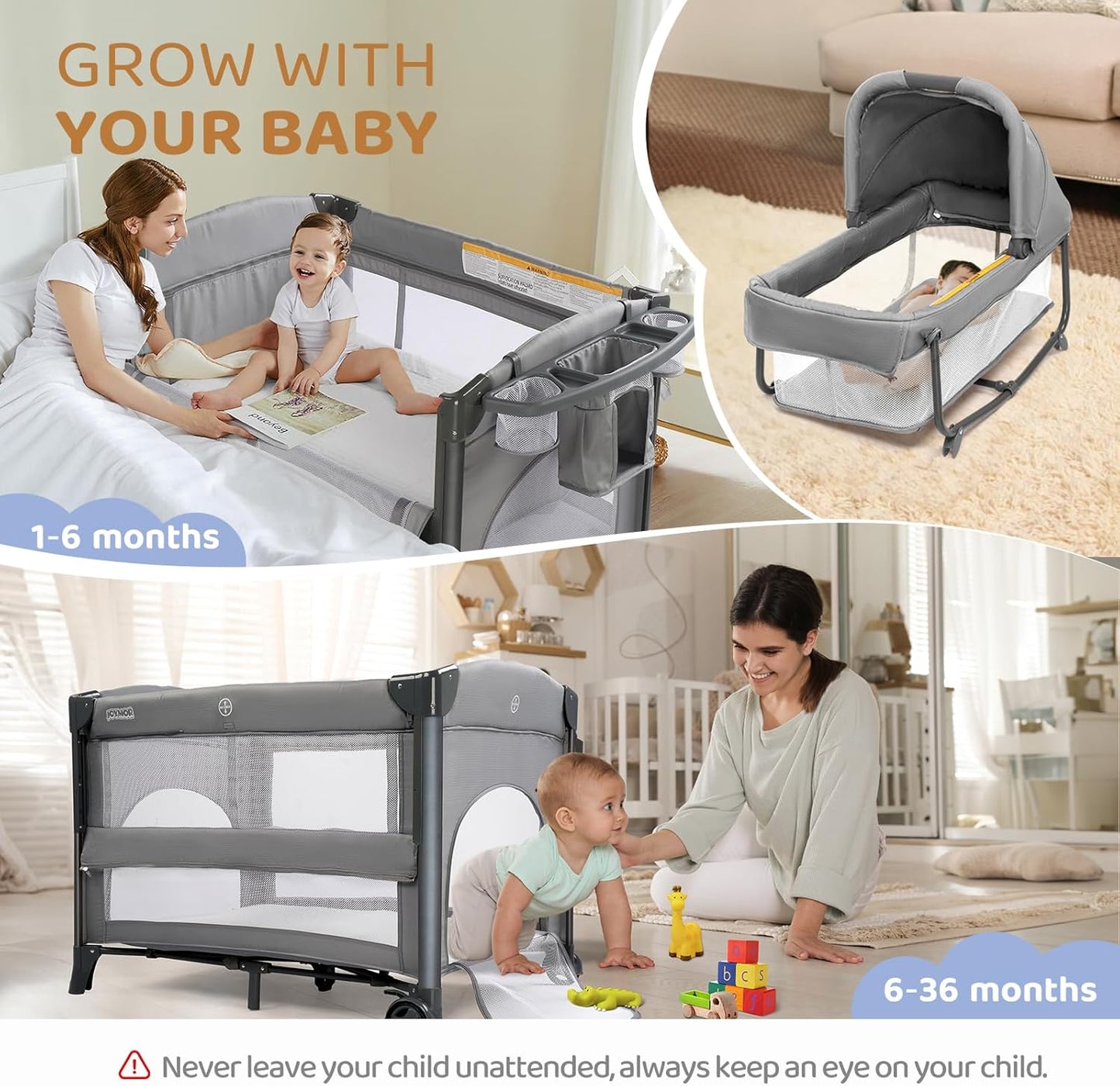 JOYMOR Twin Bassinet for Baby, Beige Bedside Bassinet, Convertible to Bedside Sleeper and Playpen, with Wheel, Brake, Foldable Side Sleeper,Beige
