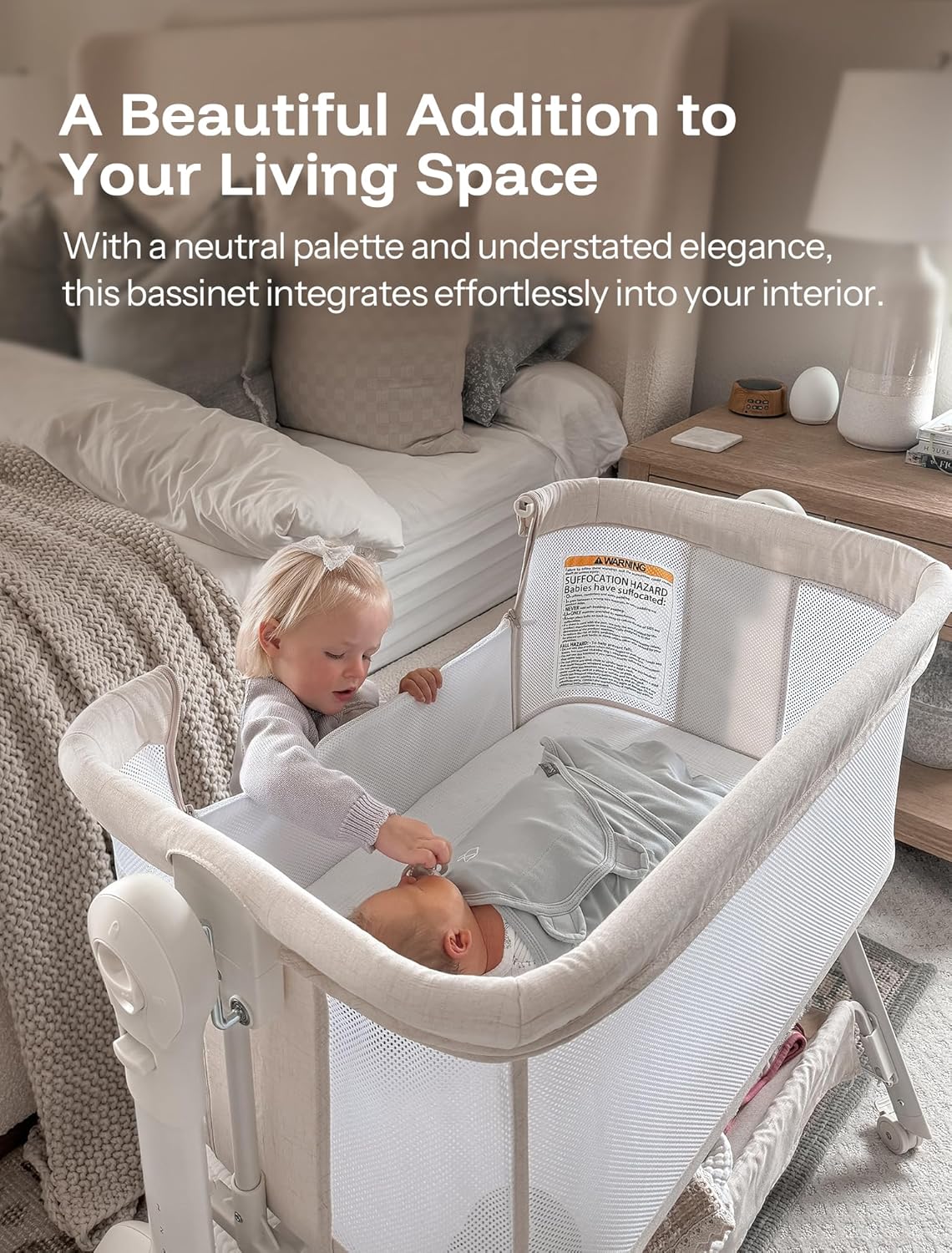 HARPPA Cuddly Sway Baby Bassinet Bedside Sleeper, 3 in 1 Rocking Bassinet with Mattress and Soft Cover, Full Mesh Sides, 5 Height Adjustable with Wheels for Newborns, Beige