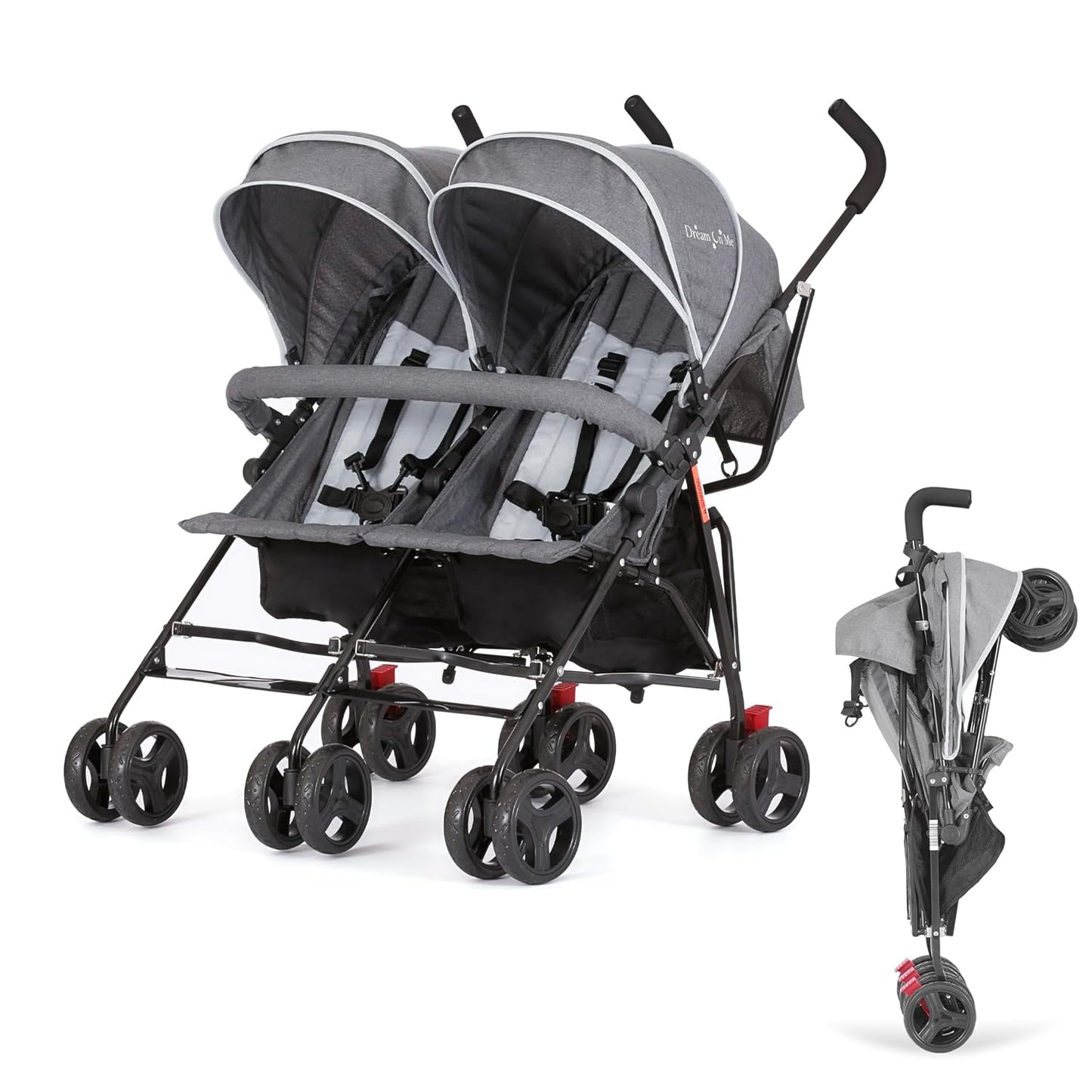 Dream On Me Volgo Twin Umbrella Stroller in Black, Lightweight Double Stroller for Infant & Toddler, Compact Easy Fold, Large Storage Basket, Large and Adjustable Canopy