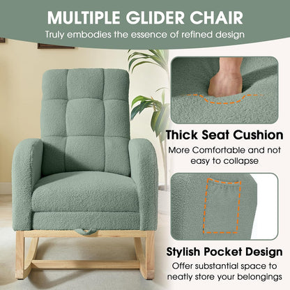 NIOIIKIT Modern Nursery Rocking Chair, Teddy Upholstered Rocking Chair with Footrest, Comfortable Rocker Recliner with Side Pocket, Rocker Glider for Living Room, Bedroom, Nursing Room (Apricot)