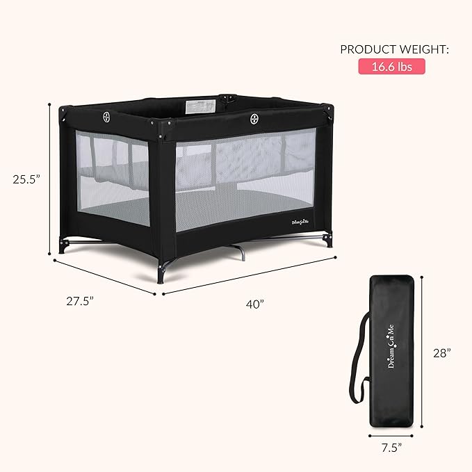 Dream On Me Zazzy Portable Playard with Bassinet in Black, Lightweight Packable and Easy Setup Baby Playard with Mattress and Travel Bag