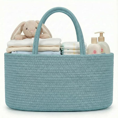 luxury little Diaper Caddy Organizer, Large Cotton Rope Nursery Baby Basket, Changing Table Organizer for Baby Diaper Storage, Portable Car Organizer Removable Divider (Lake Blue, Large)