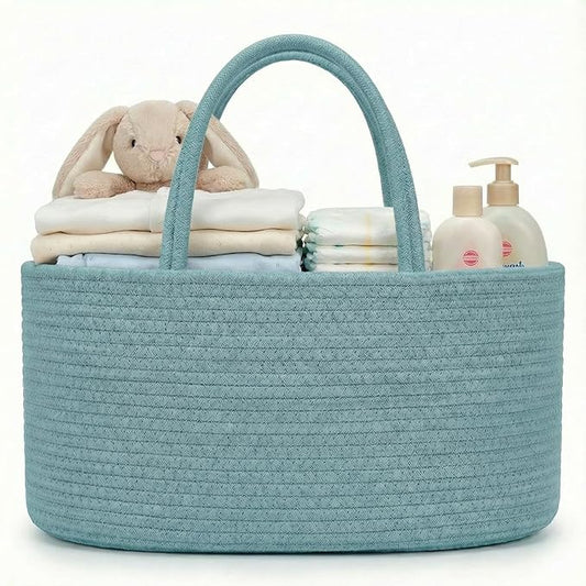 luxury little Diaper Caddy Organizer, Large Cotton Rope Nursery Baby Basket, Changing Table Organizer for Baby Diaper Storage, Portable Car Organizer Removable Divider (Lake Blue, Large)