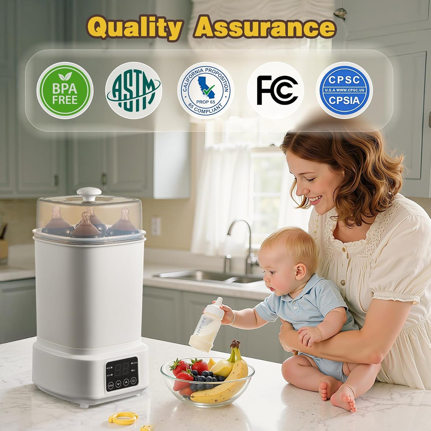 AMZBABYCHEF 4-in-1 Baby Bottle Steamer and Dryer, Electric Steamer with Fast Drying, Universal Fit for All Bottles, LED Touch Screen & Auto Shut-Off Protection (Grey)